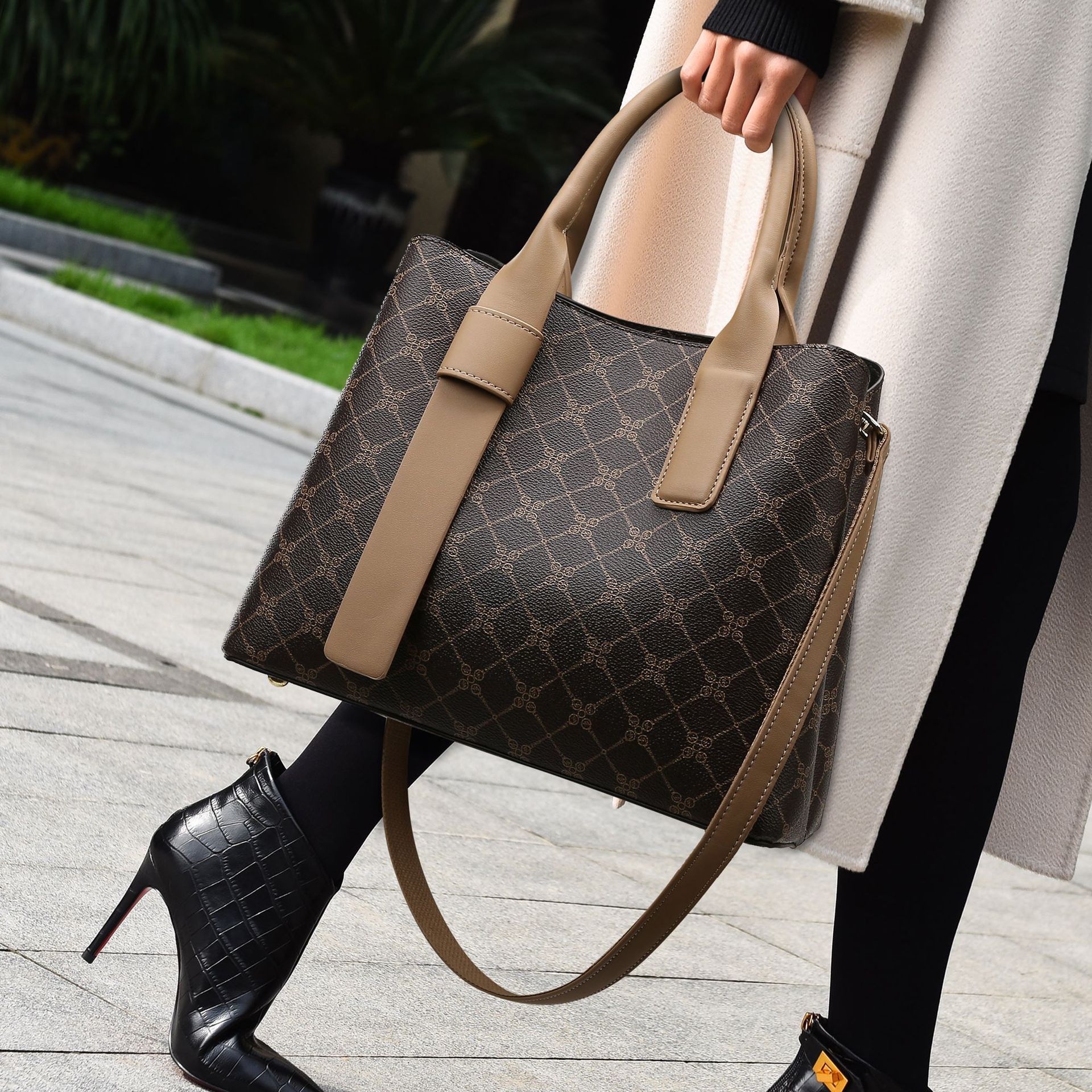 Retro Messenger Bag - Fashion Handbag - MRC STOREAccessoriesMy StorePerson holding a patterned handbag with beige straps on a wooden floor.MRC STORECJNS242758112LOApricot Khaki With Gift Box