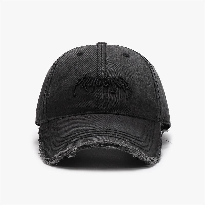Black men's baseball cap with 3D embroidered letter design, adjustable cotton dome hat, soft top, stylish accessories.