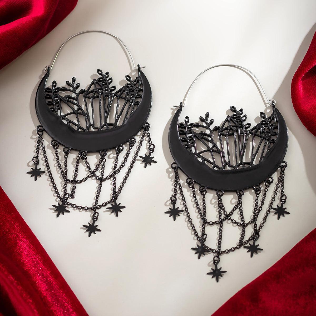 Elegant black Halloween earrings with flower and hollow tassel design, stud style, perfect for festive accessories.