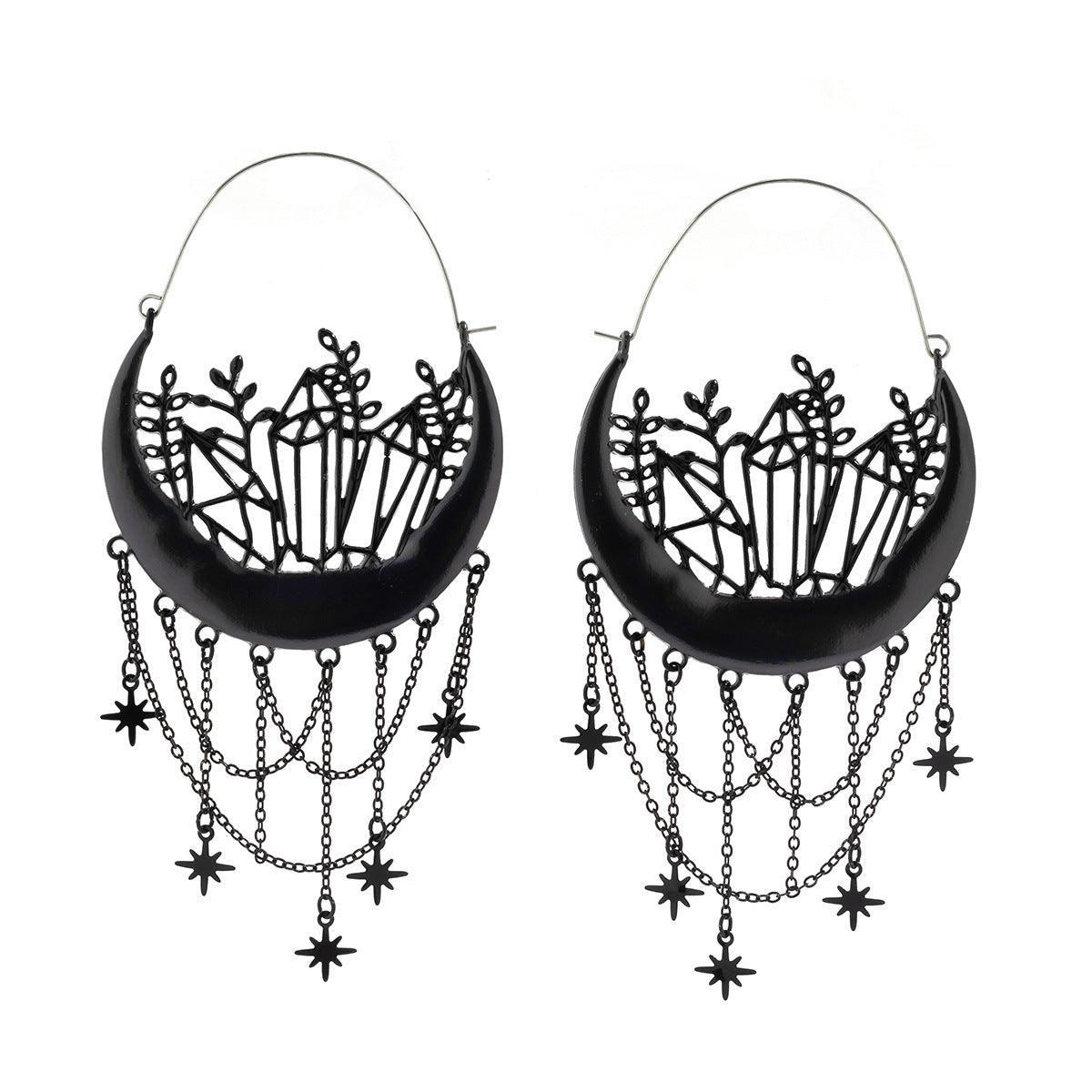 Black Halloween flower hollow tassel stud earrings, elegant festive accessories with intricate design and tassel detail.
