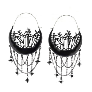 Black Halloween flower hollow tassel stud earrings, elegant festive accessories with intricate design and tassel detail.