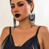 Elegant black Halloween earrings featuring flower and hollow tassel stud design, perfect for festive accessories.