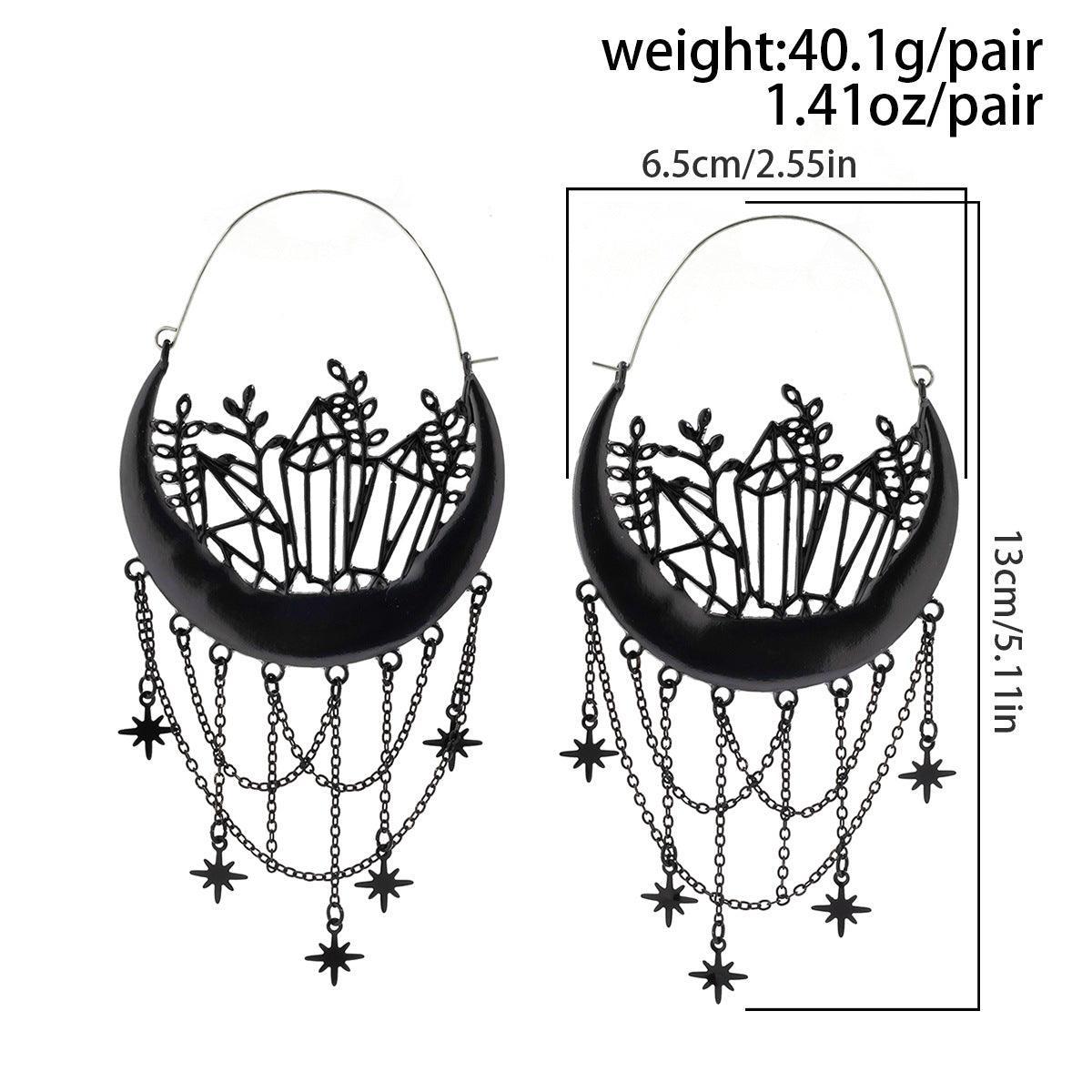 Black Halloween earrings with floral hollow design and tassel studs, elegant festive accessories for Halloween celebrations.