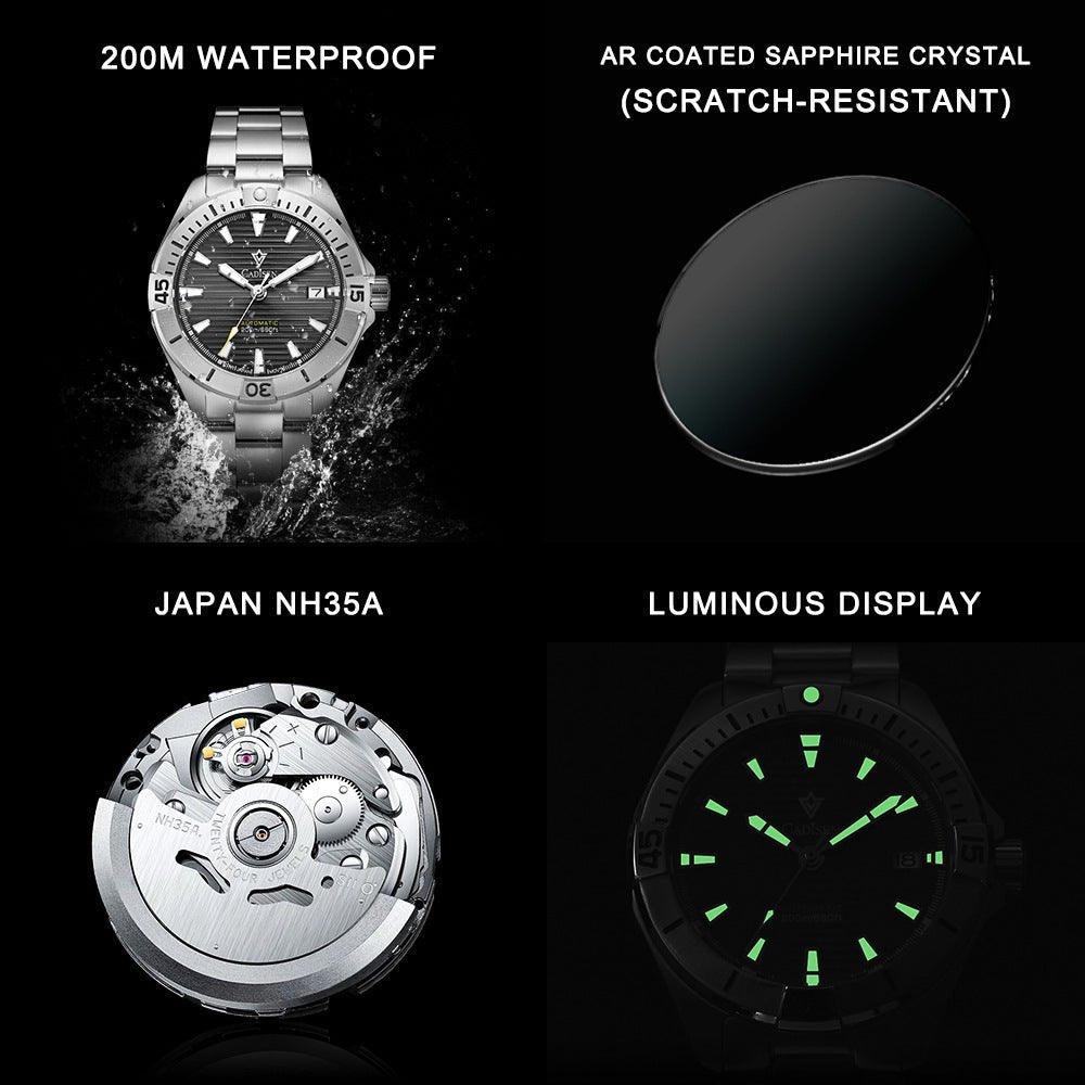 Cadisen C8218M Men’s Mechanical Watch – NH35 Automatic, 200M Waterproof - MRC STOREAccessoriesMy StoreCADISEN Model C8218M new top brand sports men mechanical watches luxury automatic NH35 watch men's stainless steel 200M waterproof watch - MRC STOREMRC STORECJJX206994802BYWhite Shell And White Surface