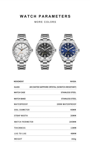 Cadisen C8218M Men’s Mechanical Watch – NH35 Automatic, 200M Waterproof - MRC STOREAccessoriesMy StoreCADISEN Model C8218M new top brand sports men mechanical watches luxury automatic NH35 watch men's stainless steel 200M waterproof watch - MRC STOREMRC STORECJJX206994802BYWhite Shell And White Surface