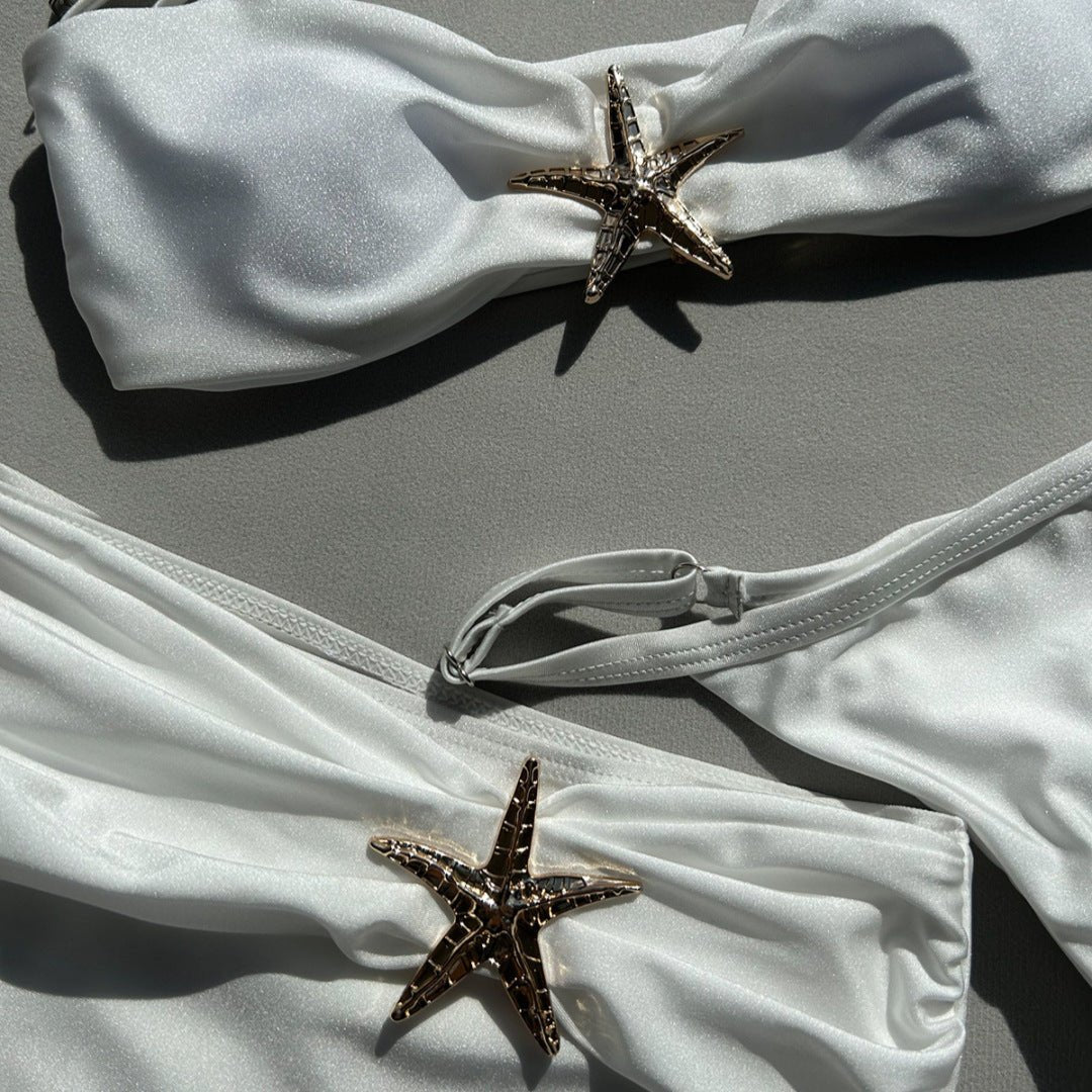 Split Swimsuit - Solid Color Three - Piece - MRC STOREbikini setMy StoreWhite bikini set with starfish designs on a gray backgroundMRC STORECJYD242359311KPBeigeL