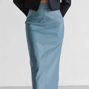 Black French fashion leather skirt with a slit, stylish bottoms by My Store, shown on a model.