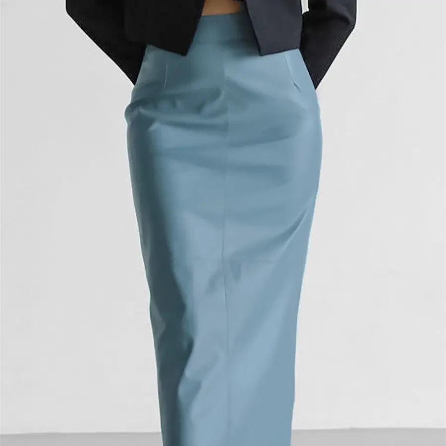 Black French fashion leather skirt with a slit, stylish bottoms by My Store, shown on a model.