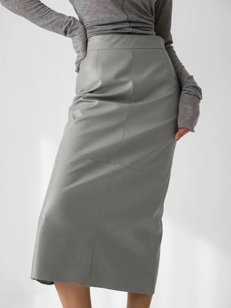 Black French fashion slit leather skirt, stylish bottoms with a high slit, designed for a chic and modern look.