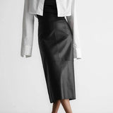 Black French fashion slit leather skirt from My Store, stylish bottoms with a sleek slit design and smooth leather texture.