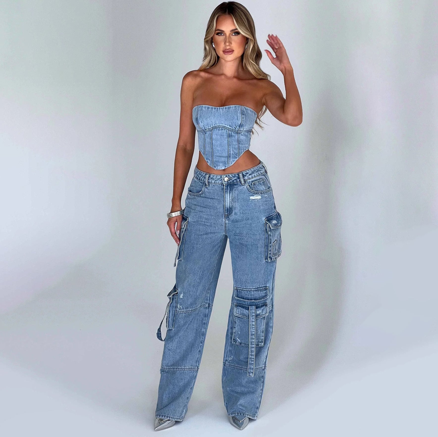 Low Waist Jeans - Tube Top Wide - Leg Set - MRC STOREbottomsMy StoreWoman wearing a denim outfit with a strapless top and high - waisted jeans on a plain backgroundMRC STORECJNZ197175706FUBlack PantsL