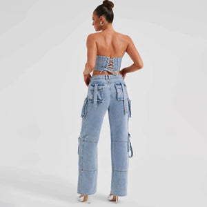 Low Waist Jeans - Tube Top Wide - Leg Set - MRC STOREbottomsMy StoreWomen’s Low Waist Jeans - Tube Top Wide - Leg Set My Store MRC STORECJNZ197175703CXBlue PantsL