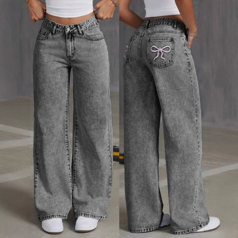 Vintage Bow Embroidered Washed Jeans for Women - Straight Loose Trousers - MRC STOREbottomsMy StoreVintage Bow Embroidered Washed Jeans for Women - Straight Loose Trousers My Store MRC STORECJNZ232842103CXWashed GrayL