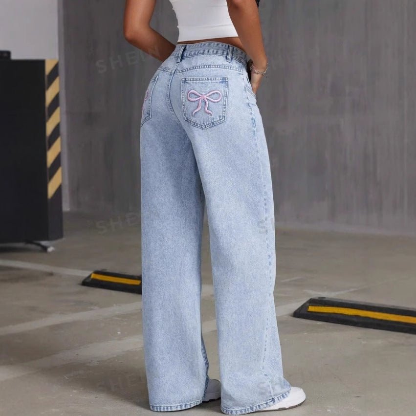 Vintage Bow Embroidered Washed Jeans for Women - Straight Loose Trousers - MRC STOREbottomsMy StoreVintage Bow Embroidered Washed Jeans for Women - Straight Loose Trousers My Store MRC STORECJNZ232842103CXWashed GrayL