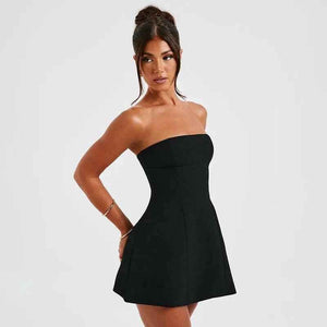 Black summer solid backless mini dress from My Store, sleeveless design, fitted silhouette, perfect for warm weather.