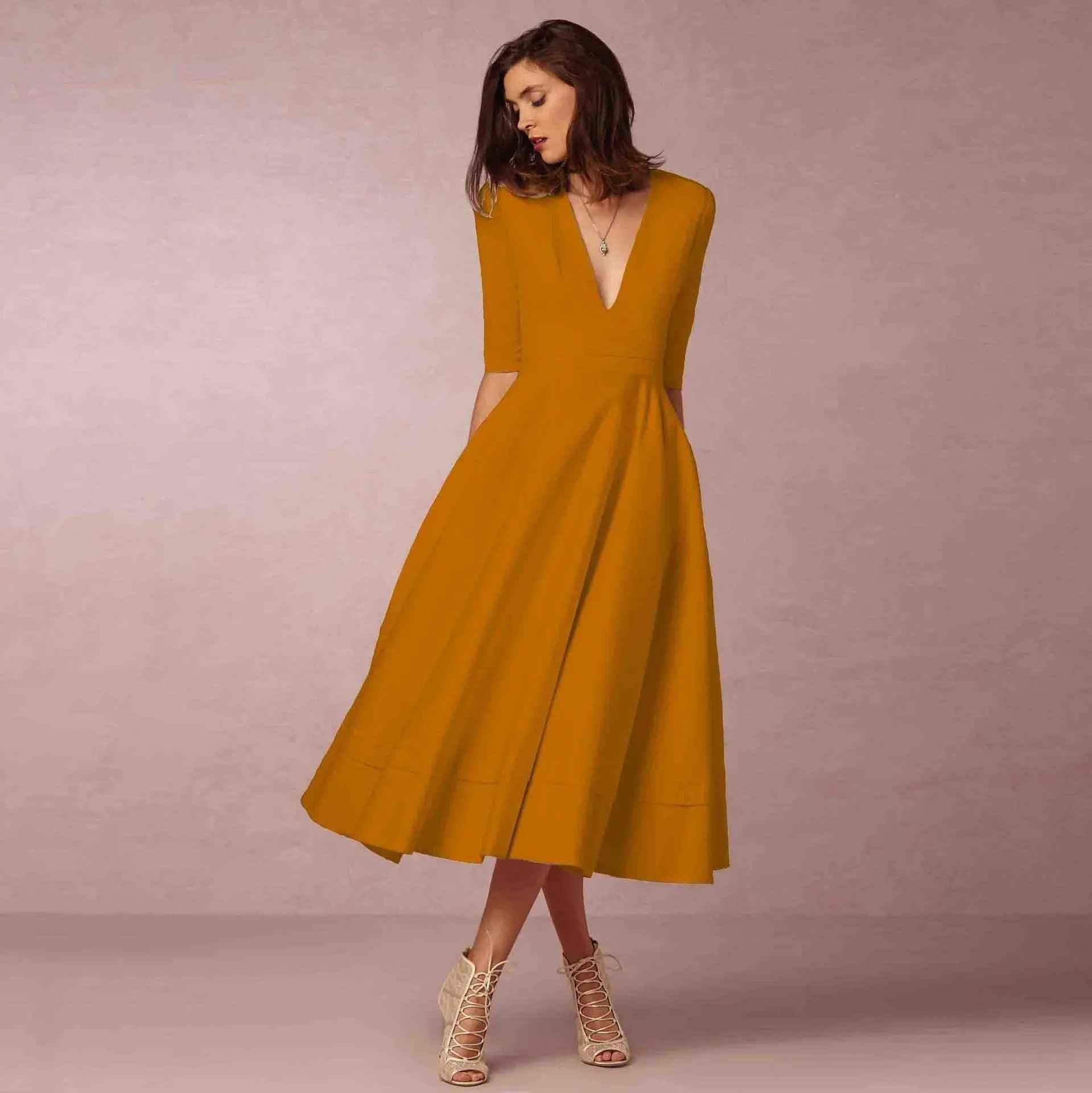 Chic V Neck Swing Dress - MRC STOREDressMy StoreChic V Neck Swing DressMRC STORECJLY209329457EVYellow OrangeL