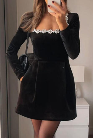 Elegant Square Neck A - Line Dress – Rhinestone Flower Design - MRC STOREDressMy StoreElegant Square Neck Long - Sleeve Dress – Rhinestone Flower Design A - Line Dress - MRC STOREMRC STORECJLY196637903CXBlackL