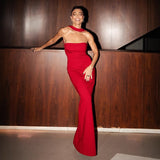 Halter Dress - Skinny Party Long Dress - MRC STOREDressMy StoreWoman in a red dress posing against a wooden wall.MRC STORECJLY241574204DWRedL