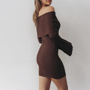 Off - Shoulder Ribbed Knit Long Sleeve Mini Dress - Elegant Slim Fit - MRC STOREDressMy StoreOff - Shoulder Ribbed Knit Long Sleeve Mini Dress - Elegant Slim Fit - MRC STOREMRC STORECJLY218335109IRBrownL