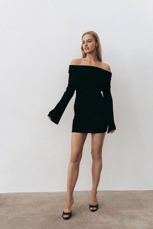 Off - Shoulder Ribbed Knit Long Sleeve Mini Dress - Elegant Slim Fit - MRC STOREDressMy StoreOff - Shoulder Ribbed Knit Long Sleeve Mini Dress - Elegant Slim Fit - MRC STOREMRC STORECJLY218335106FUBlackL