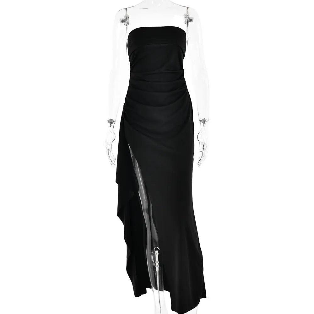 Black pleated long summer dress by My Store, flowing fabric with a flattering fit, perfect for warm weather and casual occasions.