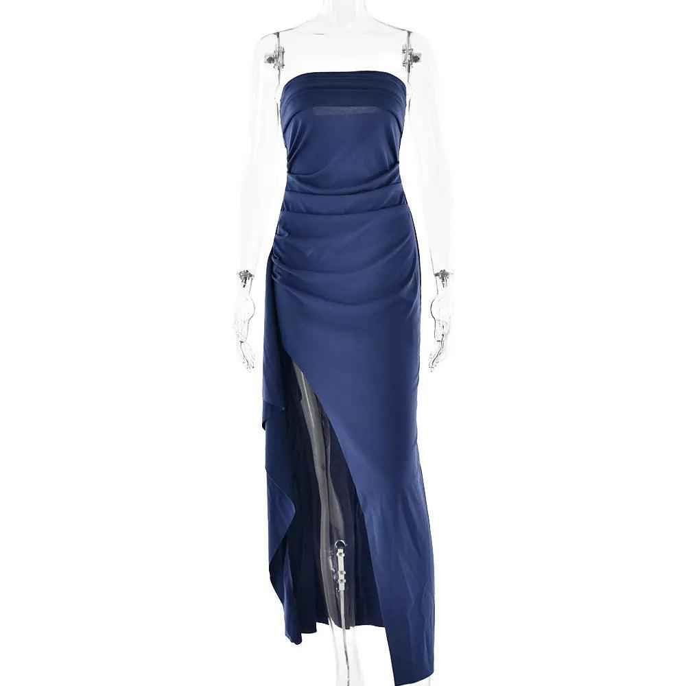Black pleated long summer dress by My Store, flowing fabric with a fitted bodice and ankle-length design.