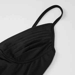 Black V-neck spaghetti strap bodycon dress from My Store, featuring a fitted silhouette and sleek design.