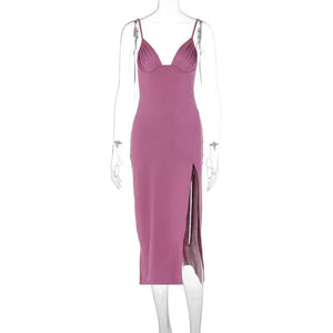 Black V-neck spaghetti strap bodycon dress by My Store, close-up of fitted dress with sleek design and thin straps.