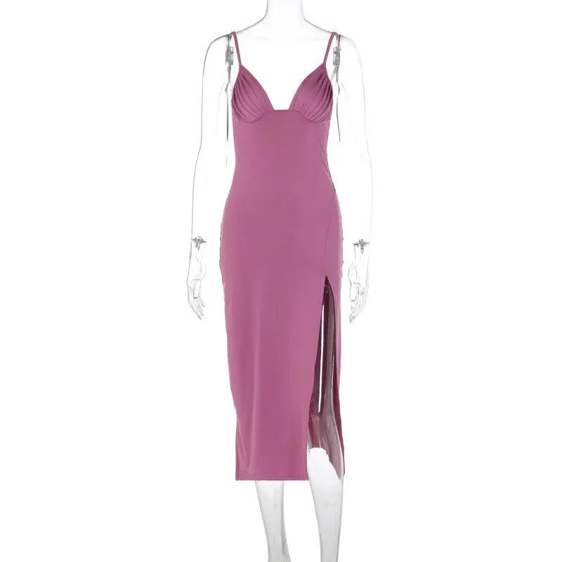 Black V-neck spaghetti strap bodycon dress by My Store, close-up of fitted dress with sleek design and thin straps.