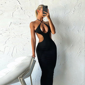 Women’s Halter Neck Dress - Hollow Solid Color - MRC STOREDressMy Storeside view of women's sleeveless halter dress with hollow front – elegant summer wearMRC STORECJLY153302606FUBlackL
