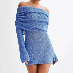 Women’s Off - Shoulder Short Dress – Hollow - Out, Long Sleeve - MRC STOREDressMy StoreWomen’s Off Shoulder Hollow Out Short Dress – Stylish Long Sleeved sequin Mini Skirt - MRC STOREMRC STORECJLY225983409IRBlueL