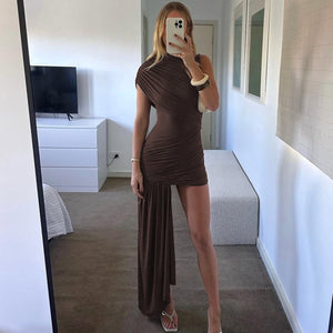 Women's Fashion Slim Round Neck Pleated Dress - Mid Waist - MRC STOREDressMy StoreWomen's Fashion Slim Round Neck Pleated Dress - Mid Waist My Store MRC STORECJLY232932306FUKhakiL