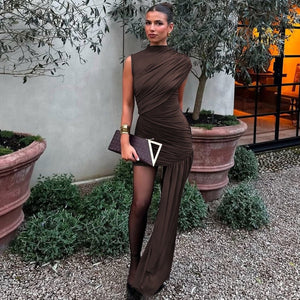 Women's Fashion Slim Round Neck Pleated Dress - Mid Waist - MRC STOREDressMy StoreWomen's Fashion Slim Round Neck Pleated Dress - Mid Waist My Store MRC STORECJLY232932306FUKhakiL