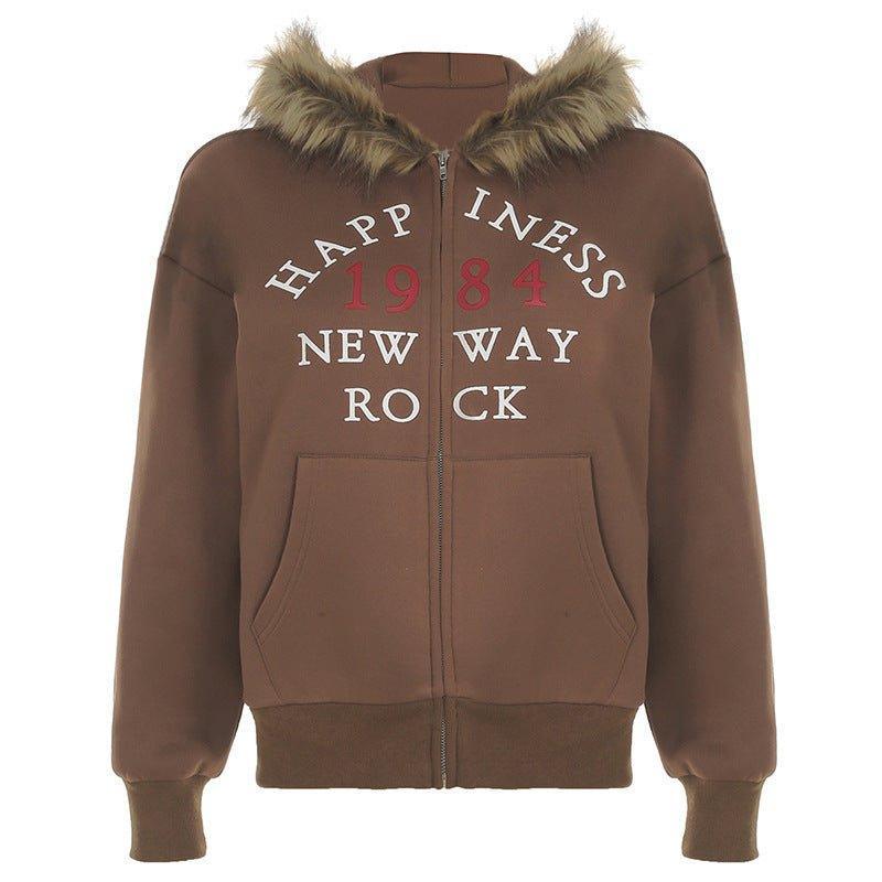 Fur Collar Hooded Sweatshirt – Retro Brown - MRC STOREHoodieMy StoreAmerican Retro Fur Collar Hooded Zipper Sweatshirt for Women - Street Hipster Style in Brown - MRC STOREMRC STORECJWY217064703CXBrownL