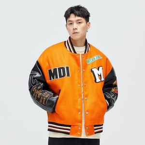 Heavy Baseball Cotton Padded Coat - MRC STOREJacketsMy StoreA person wearing an orange baseball - style cotton padded coat with black details and text on the sleeves, over a white top.MRC STORECJPK213787602BYBlackL