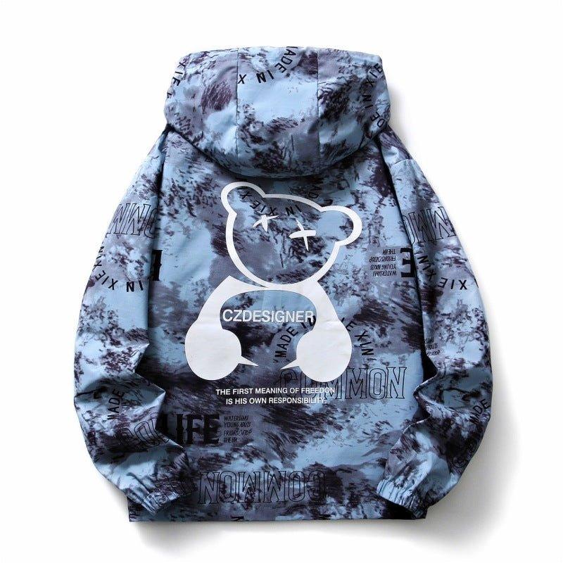Men's fall winter hooded jacket with splash ink bear print, blue color, and 2XL size, stylish and warm outerwear for cold weather.