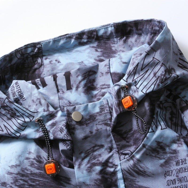 Men's fall winter hooded jacket with splash-ink bear print, blue color, and 2XL size, featuring a stylish and warm design.