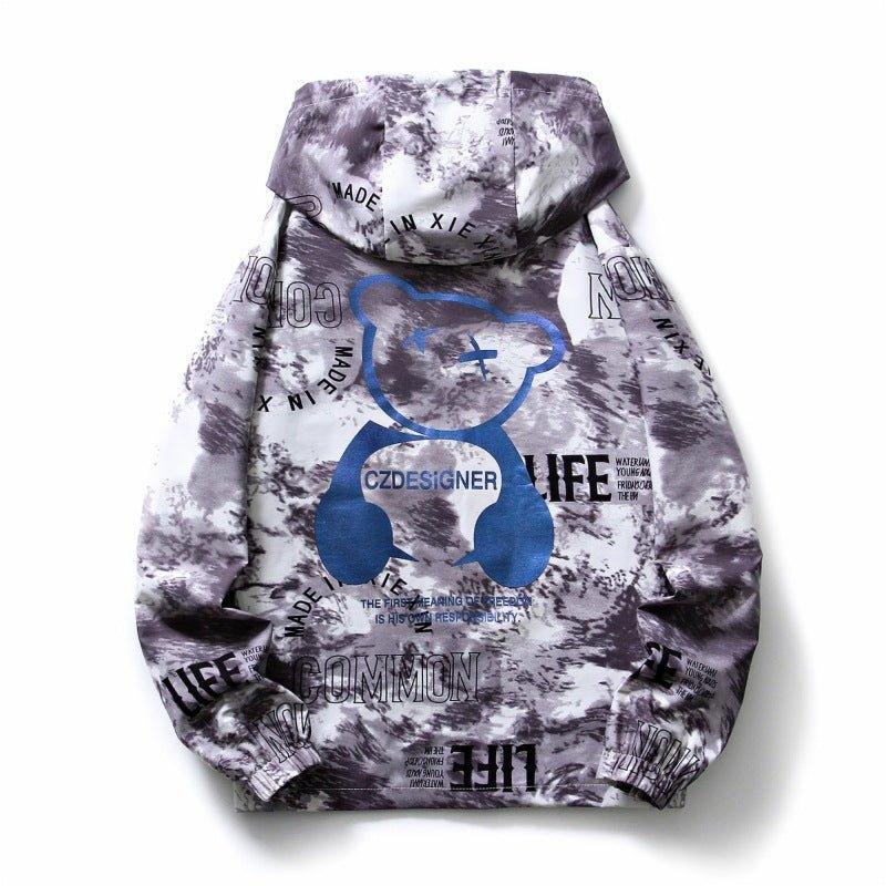 Men's fall winter hooded jacket with splash-ink bear print, blue color, thick fabric, and cozy design for cold weather.