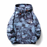 Men's fall winter hooded jacket with splash-ink bear print, blue color, and 2XL size, designed for warmth and style.