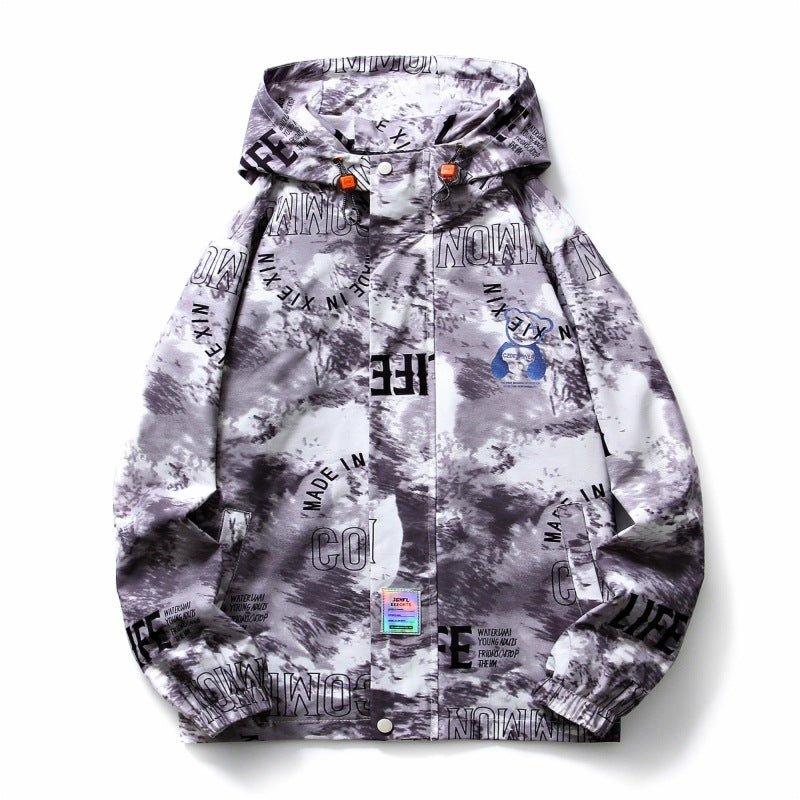 Men's fall and winter hooded jacket with splash-ink bear print, blue color, and cozy design from My Store.