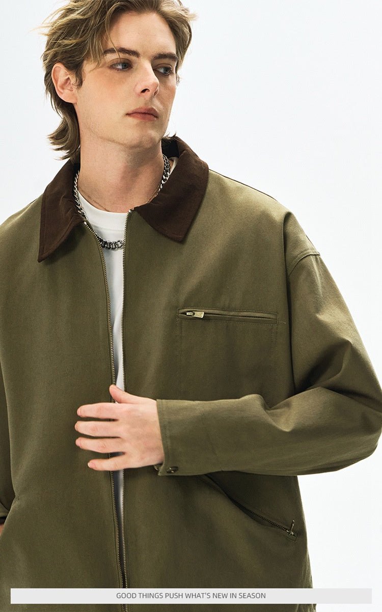 Men’s Contrast Color Washed Polo Collar Jacket - MRC STOREJacketsMy StoreMen’s Contrast Color Washed Polo Collar Jacket - Loose Fit Cotton Long Sleeve My Store MRC STORECJXZ245718817QJOlive2XL