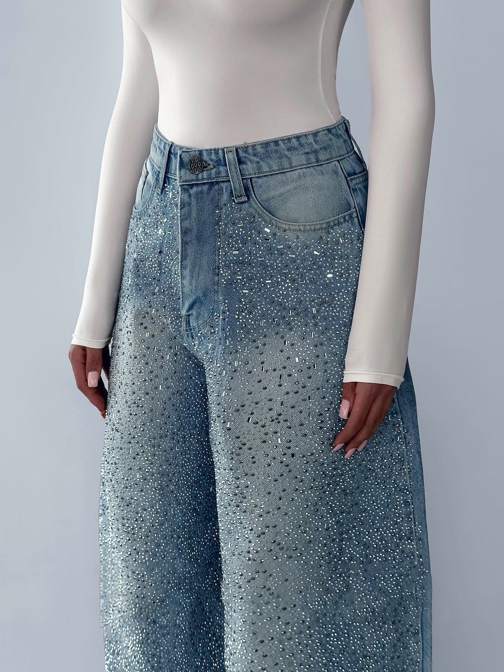 Blue vintage irregular rhinestone jeans from My Store, stylish trendy denim with unique rhinestone detailing.