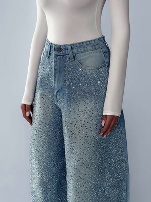 Blue vintage irregular rhinestone jeans from My Store, stylish trendy denim with unique rhinestone detailing.