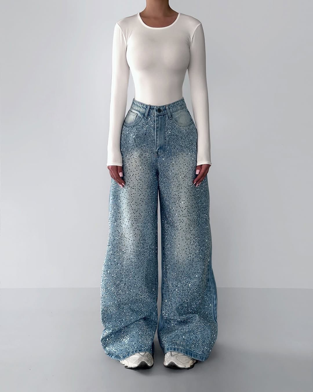 Blue vintage irregular rhinestone jeans by My Store, trendy denim with sparkling rhinestone details and an elegant, stylish fit.
