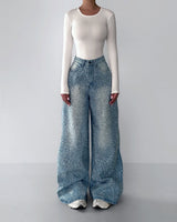 Blue vintage irregular rhinestone jeans by My Store, trendy denim with sparkling rhinestone details and an elegant, stylish fit.