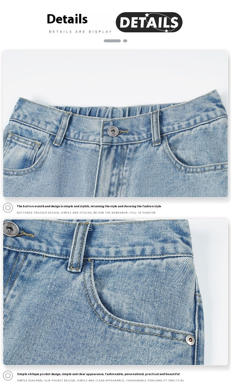 Light blue vintage men's jeans with a loose straight fit and wide legs, featuring washed denim and classic style.