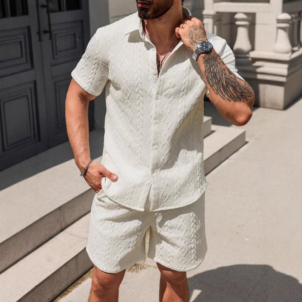 Casual Shirt - Loose Short Sleeve - MRC STOREsetMy StoreA man wearing a white loose short - sleeve men's casual shirt paired with shorts, standing outdoors.MRC STORECJTW235414508HSBlackL