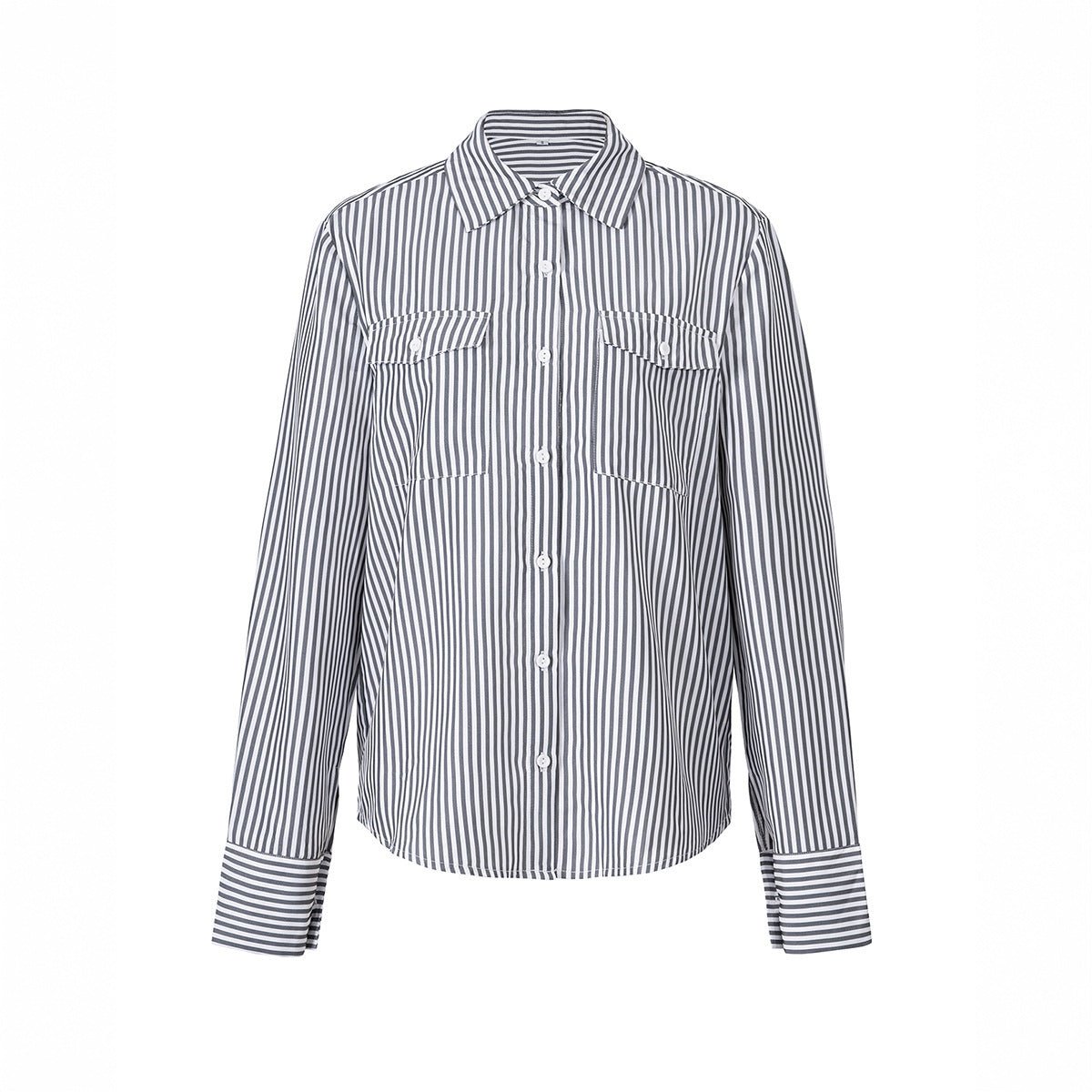 Women's striped cardigan by My Store, loose-fit shirt with gray and white contrast stripes, casual and comfortable style.