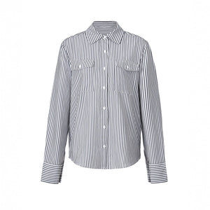 Women's striped cardigan by My Store, loose-fit shirt with gray and white contrast stripes, casual and comfortable style.