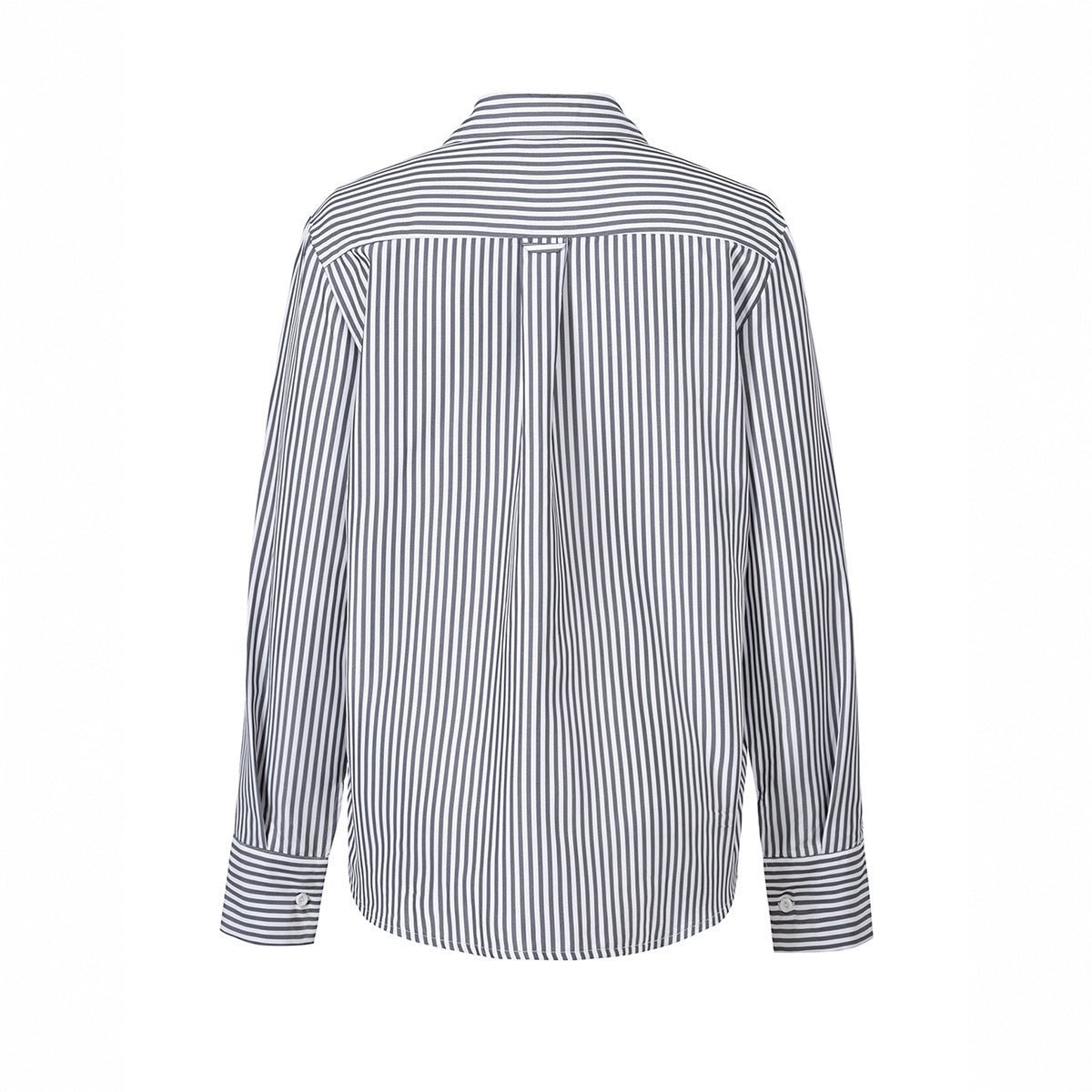 Women’s striped gray and white loose cardigan shirt with contrast design, perfect for casual wear and layered styling.